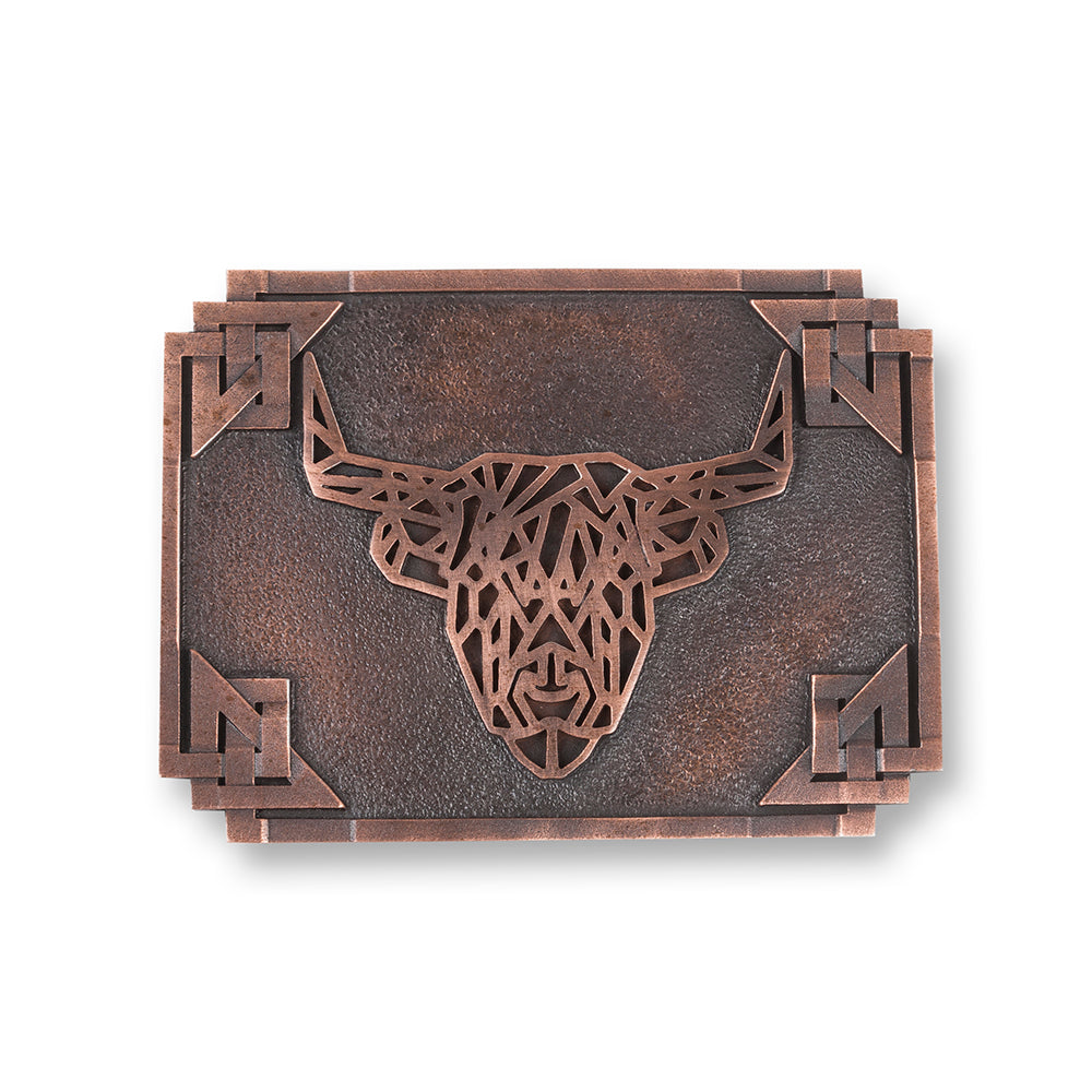 Geometric Highland Cow & Celtic Knotwork Pewter Kilt Belt Buckle - Braemar Highlandwear Chocolate Bronze